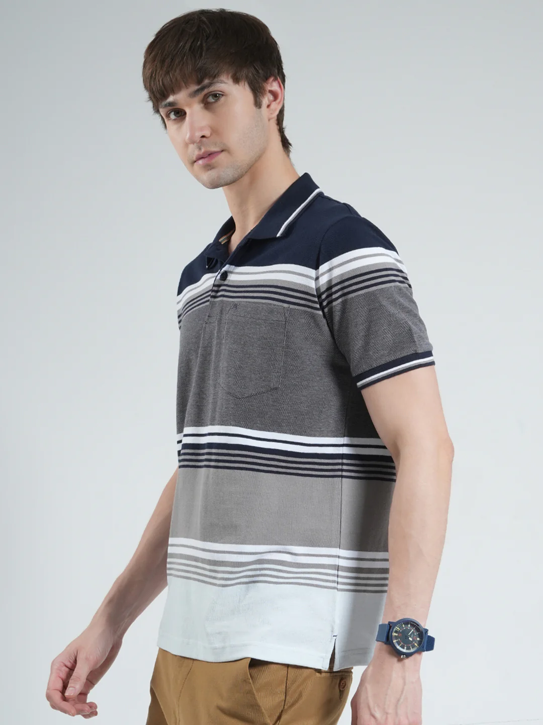 Men Navy Blue Stripe Collar Half Sleeve T-Shirt - Image 3