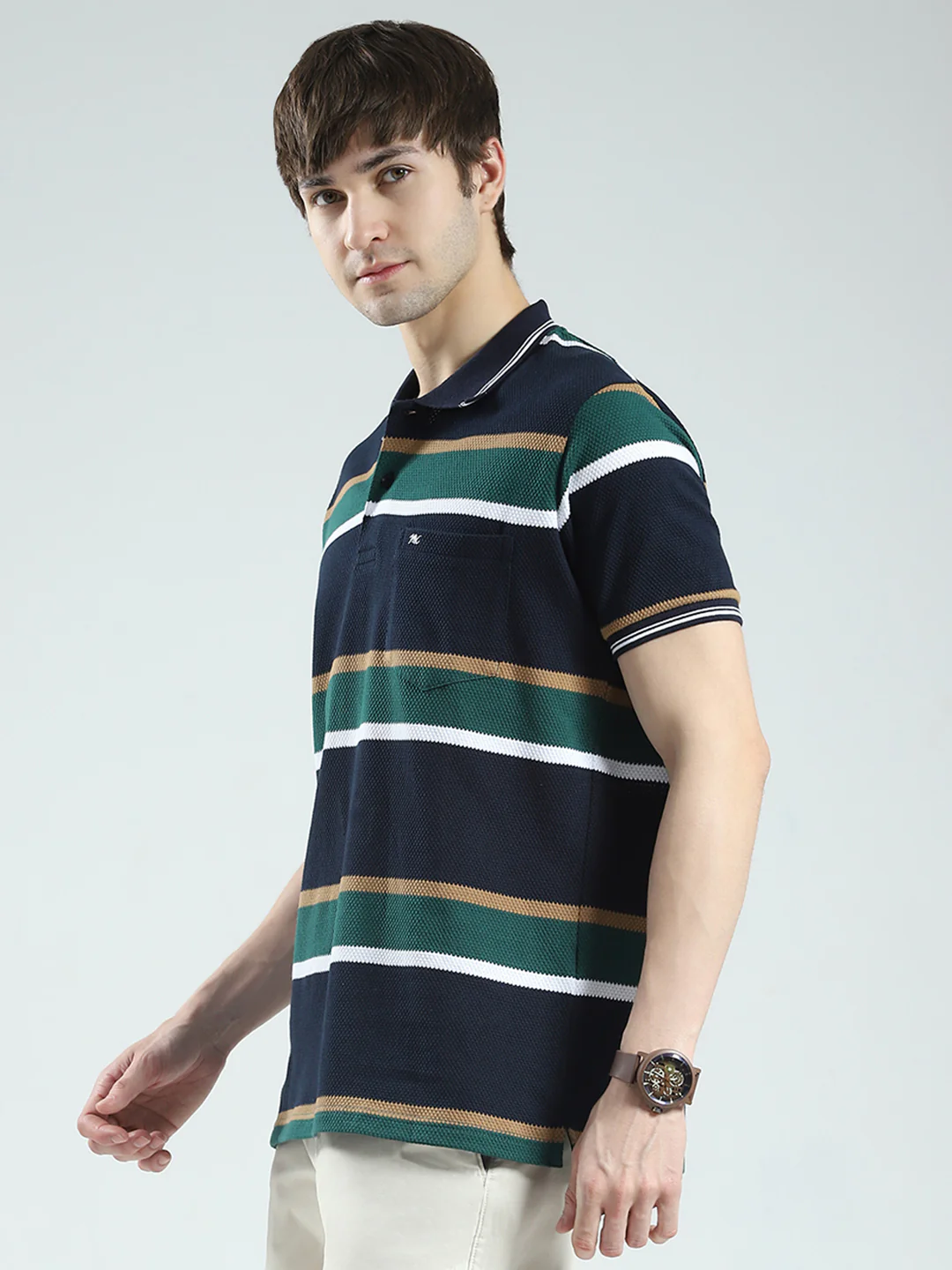 Men Navy Blue Stripe Collar Half Sleeve T-Shirt - Image 3