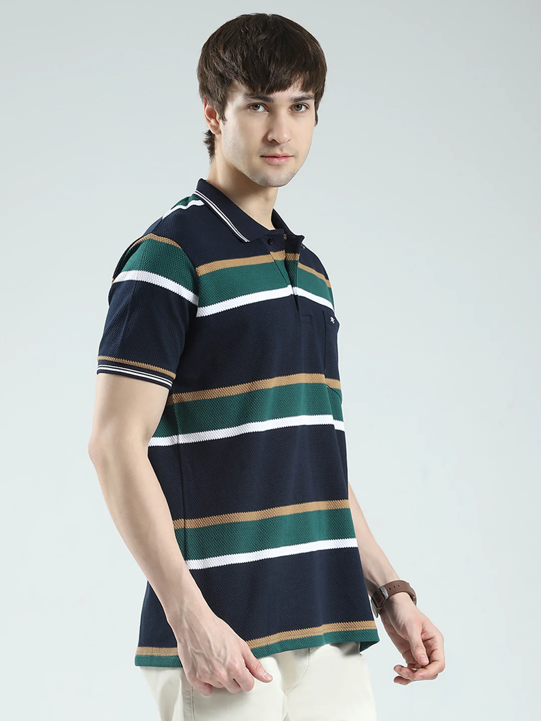 Men Navy Blue Stripe Collar Half Sleeve T-Shirt - Image 4