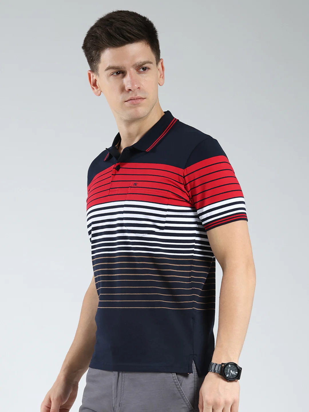 Men Navy Blue Stripe Collar Half Sleeve T-Shirt - Image 3