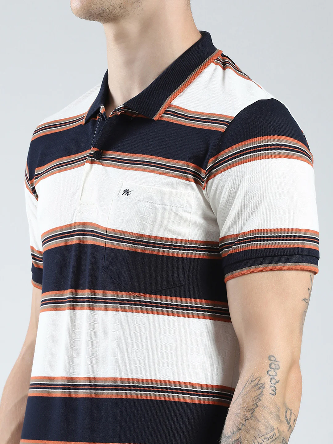 Men Navy Blue Stripe Collar Half Sleeve T-Shirt - Image 6
