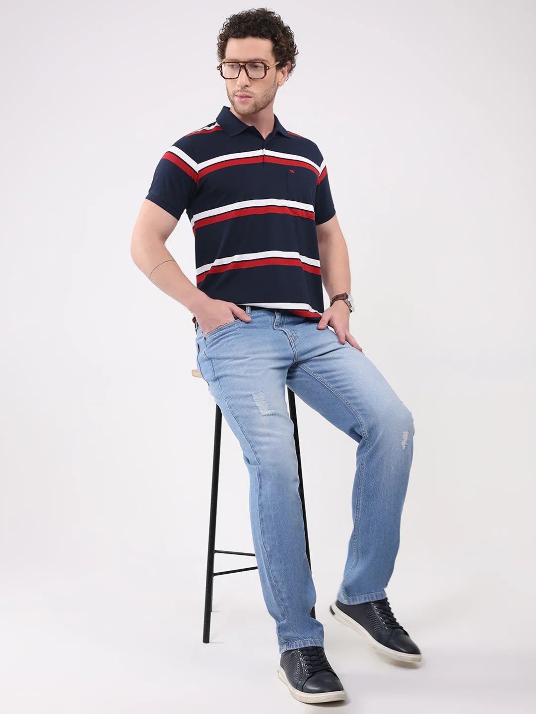 Men Navy Blue Stripe Collar Half Sleeve T-Shirt - Image 2