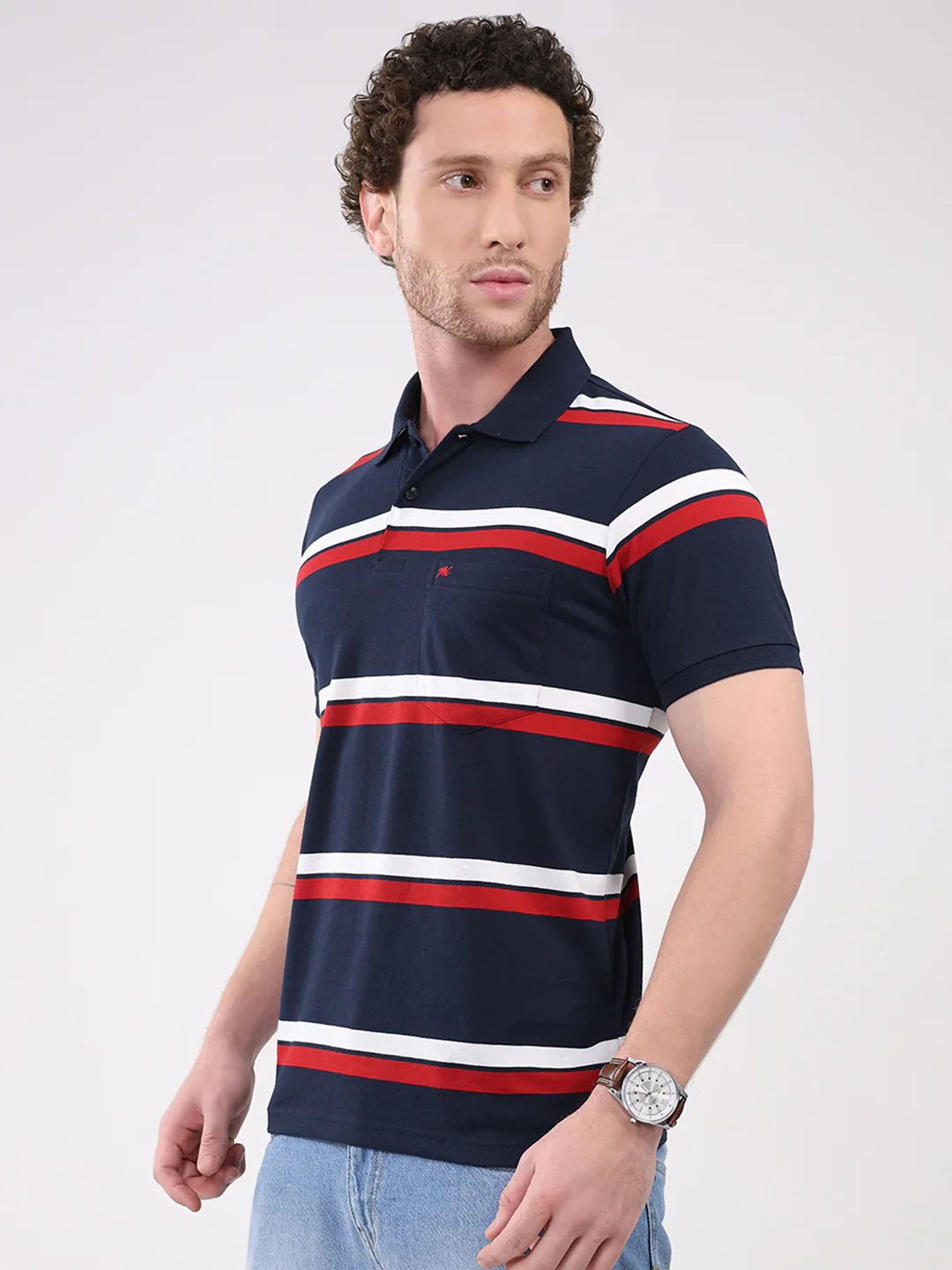 Men Navy Blue Stripe Collar Half Sleeve T-Shirt - Image 3