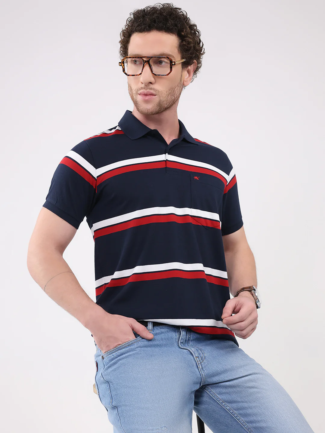 Men Navy Blue Stripe Collar Half Sleeve T-Shirt - Image 6