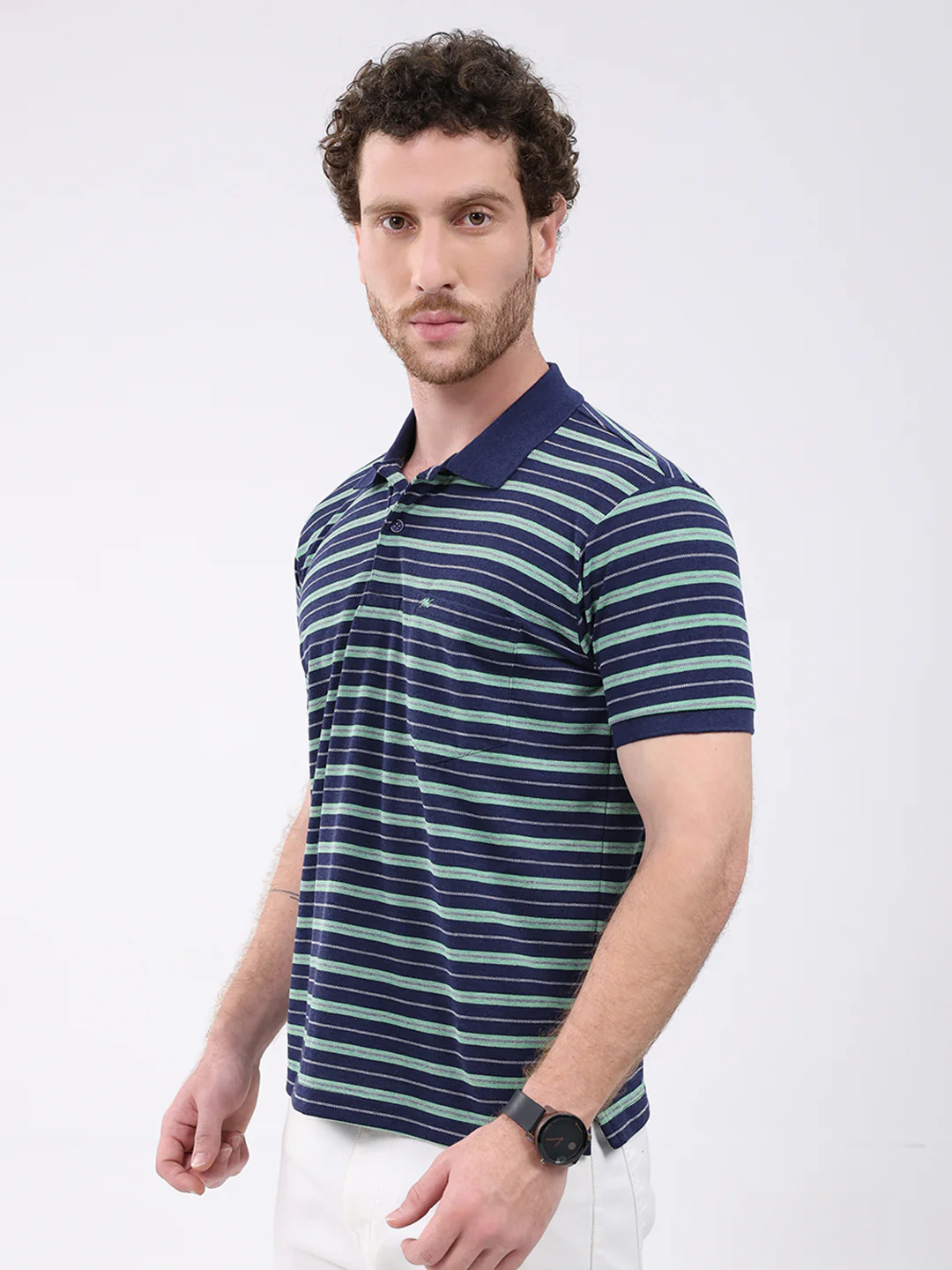 Men Navy Blue Stripe Collar Half Sleeve T-Shirt - Image 3