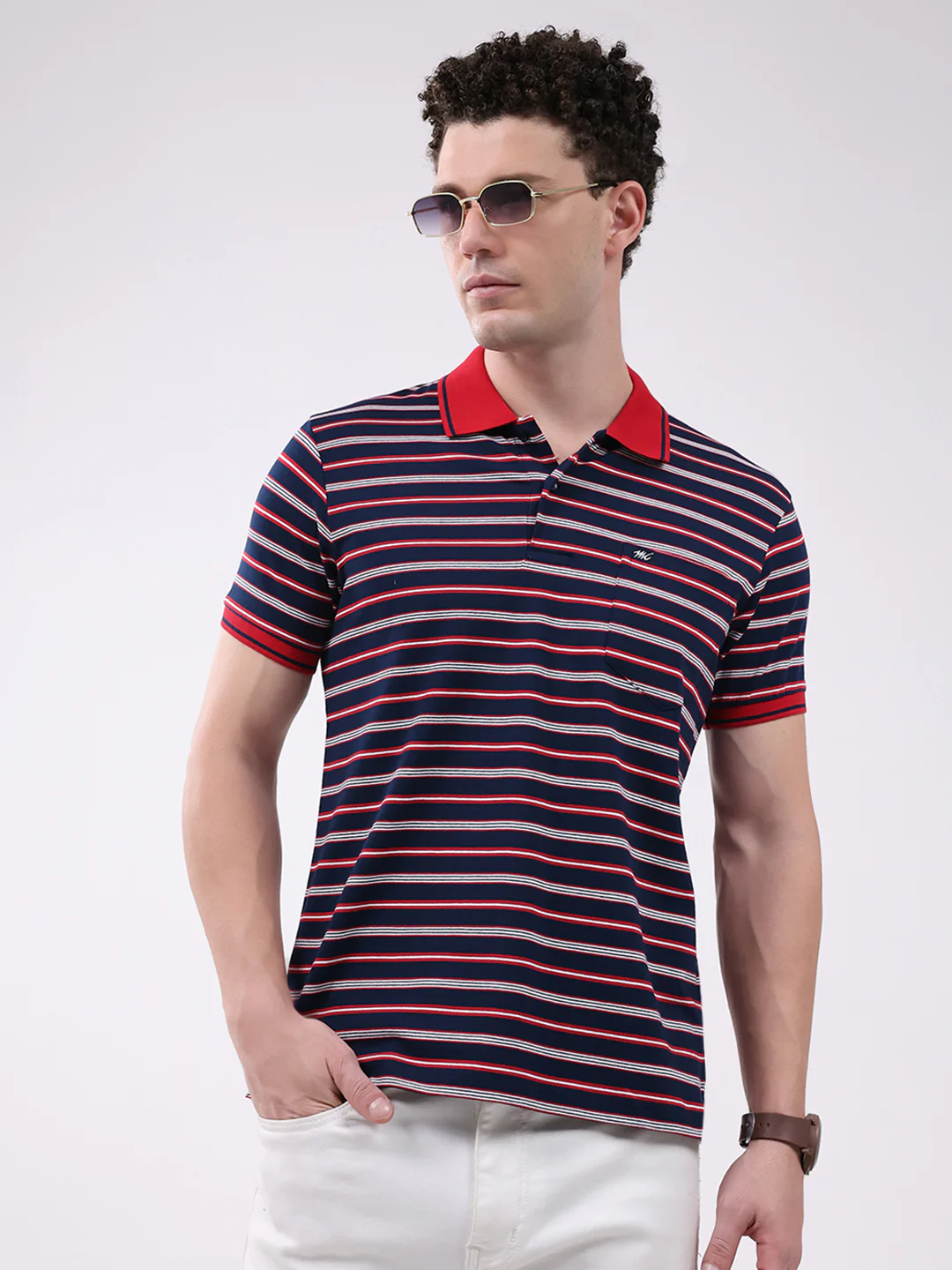 Men Navy Blue Stripe Collar Half Sleeve T-Shirt - Image 6