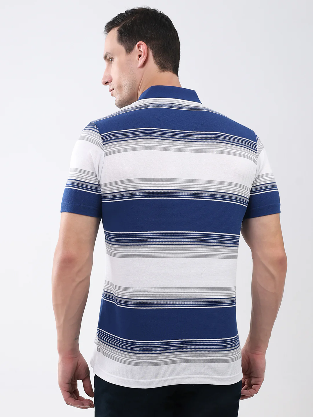 Men Navy Blue Stripe Collar Half Sleeve T-Shirt - Image 5