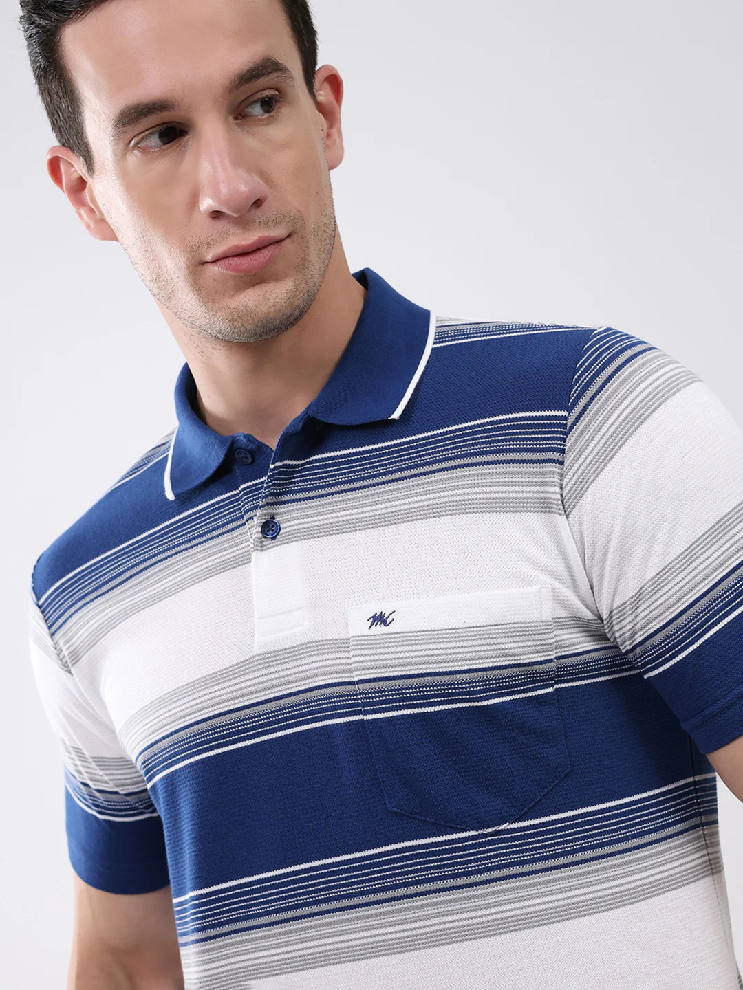 Men Navy Blue Stripe Collar Half Sleeve T-Shirt - Image 6