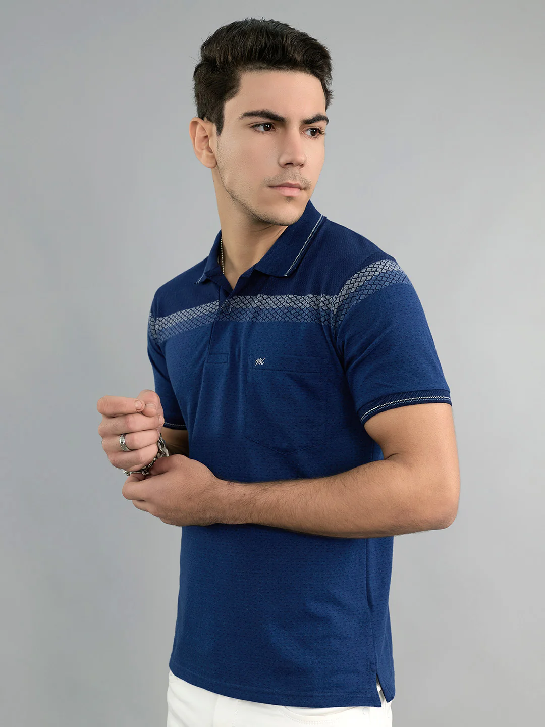 Men Navy Blue Stripe Collar Half Sleeve T-Shirt - Image 2