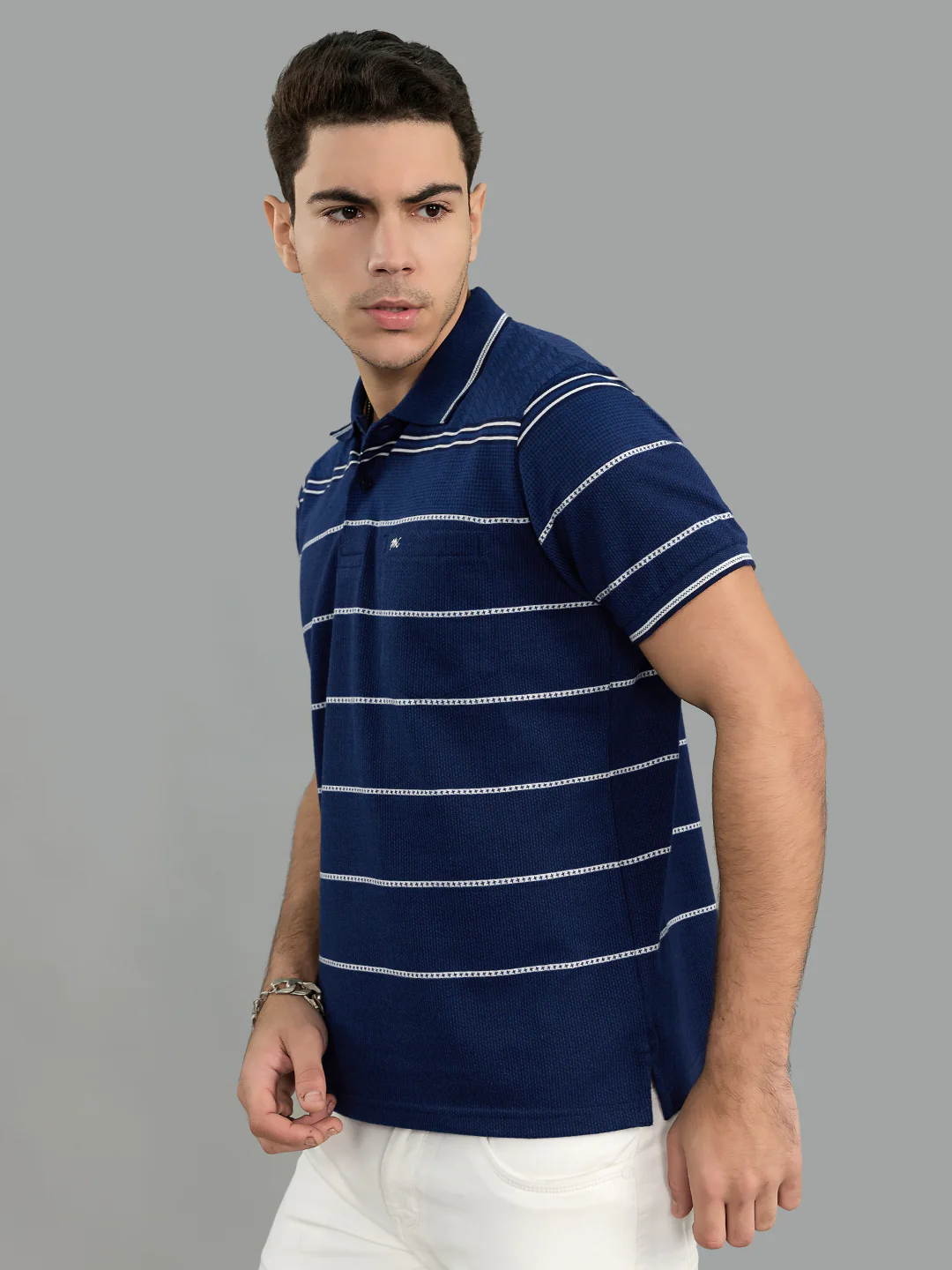 Men Navy Blue Stripe Collar Half Sleeve T-Shirt - Image 3