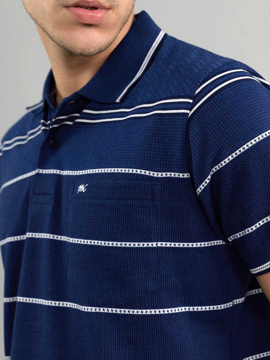 Men Navy Blue Stripe Collar Half Sleeve T-Shirt - Image 5