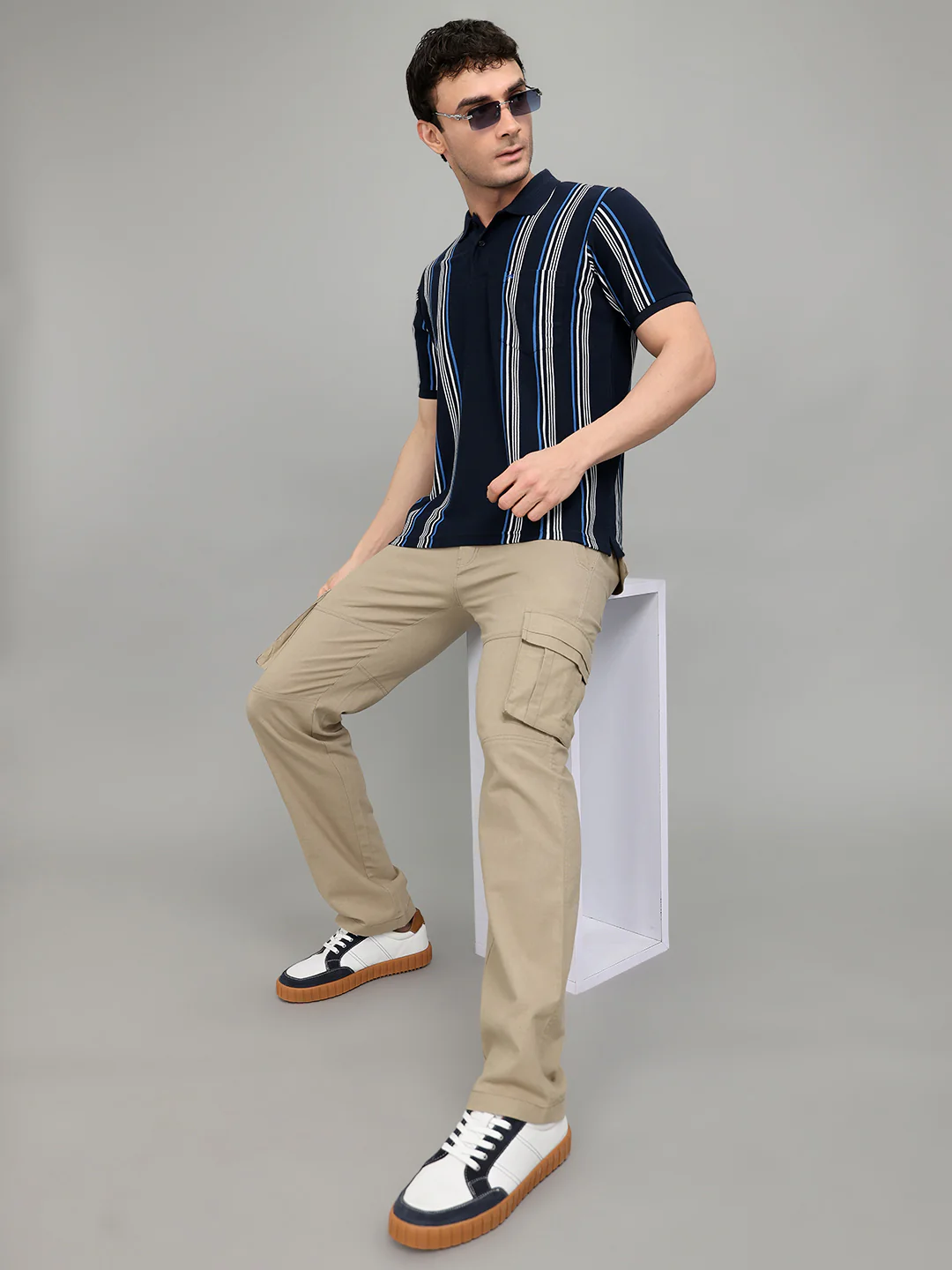 Men Navy Blue Stripe Collar Half Sleeve T-Shirt - Image 6