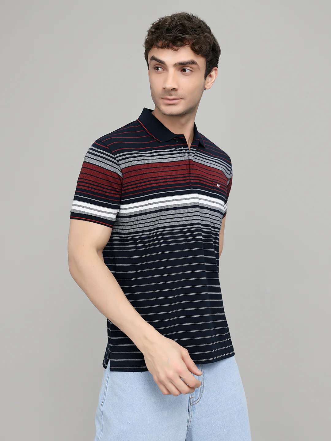 Men Navy Blue Stripe Collar Half Sleeve T-Shirt - Image 3