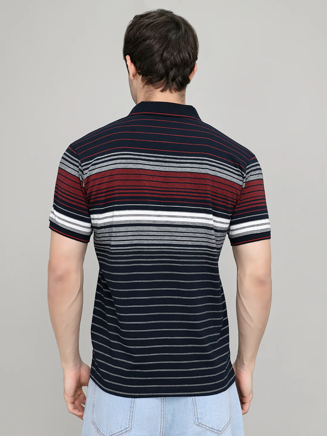 Men Navy Blue Stripe Collar Half Sleeve T-Shirt - Image 4