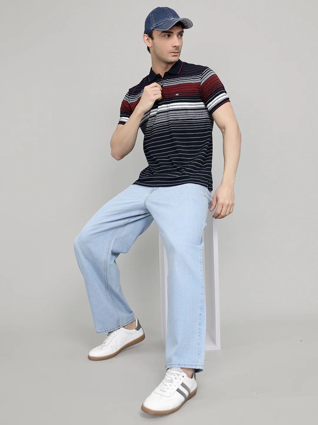 Men Navy Blue Stripe Collar Half Sleeve T-Shirt - Image 6