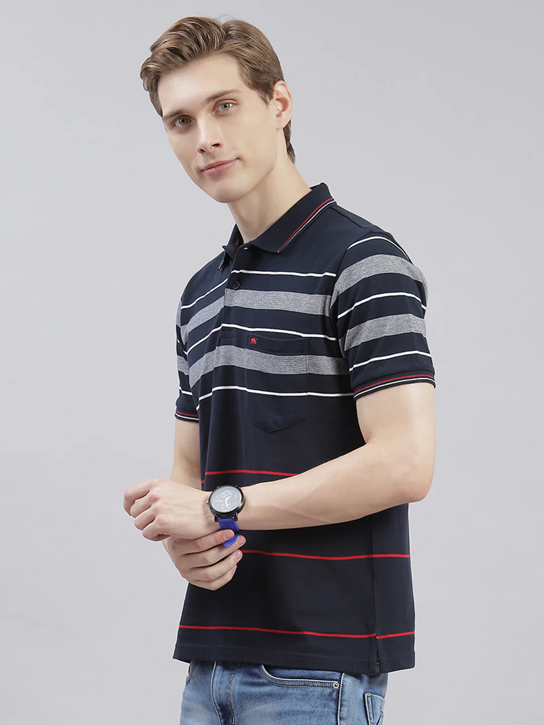 Men Navy Blue Stripe Collar Half Sleeve T-Shirts - Image 4