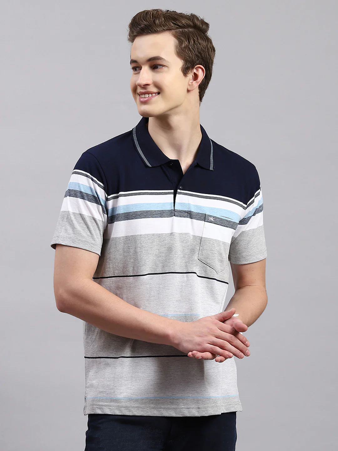 Men Navy Blue Stripe Collar Half Sleeve T-Shirts - Image 2