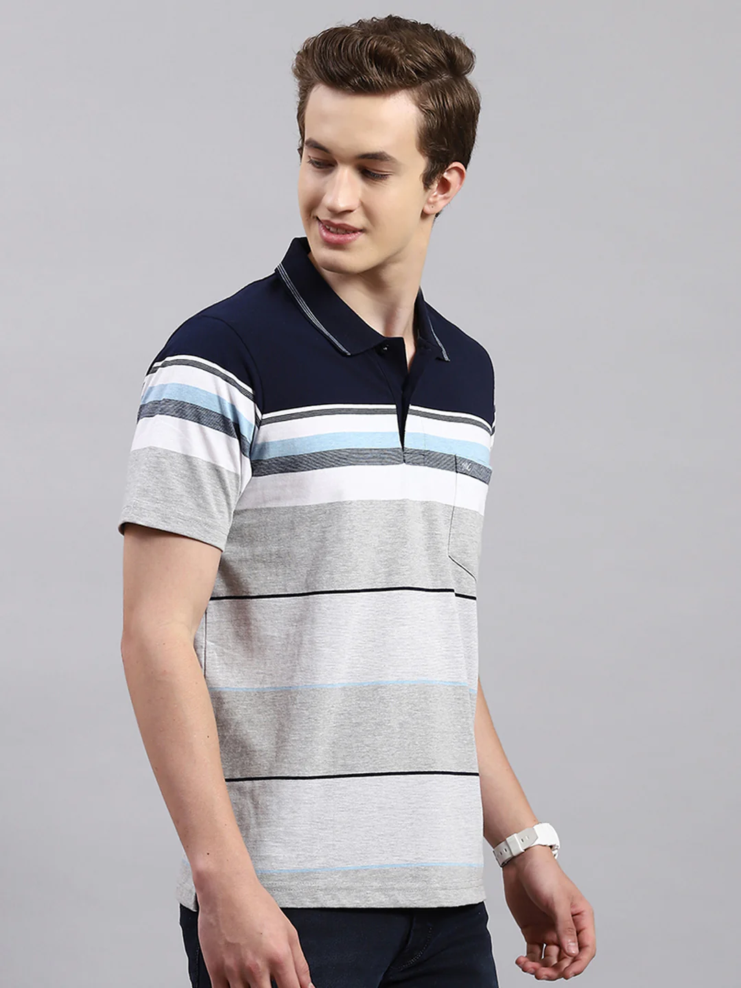 Men Navy Blue Stripe Collar Half Sleeve T-Shirts - Image 4