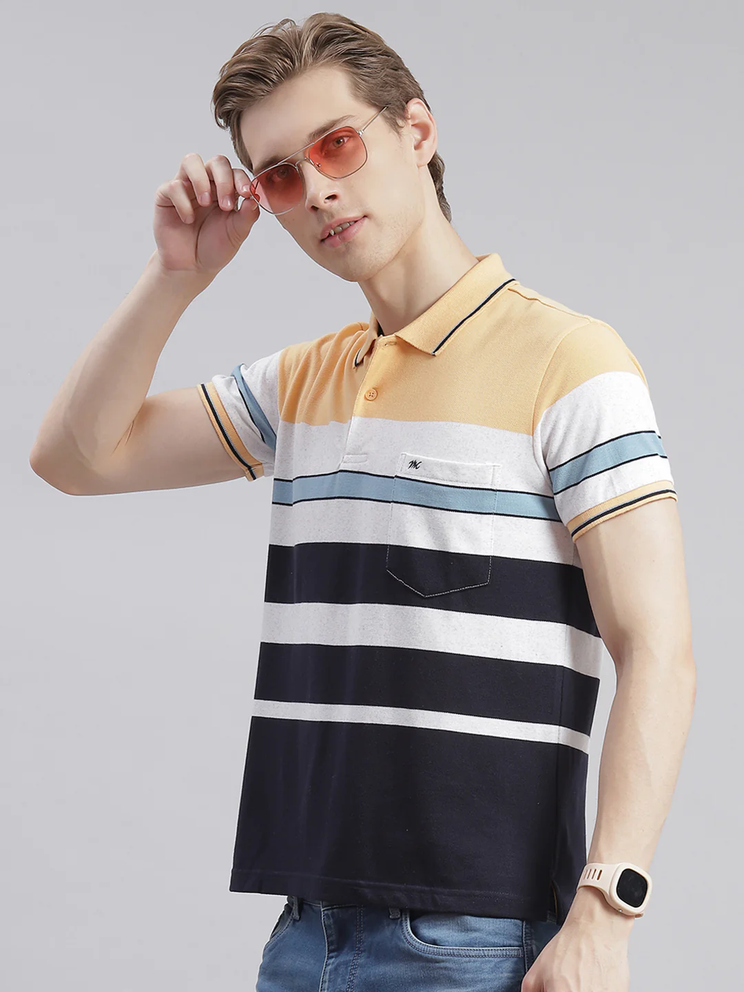 Men Navy Blue Stripe Collar Half Sleeve T-Shirts - Image 3