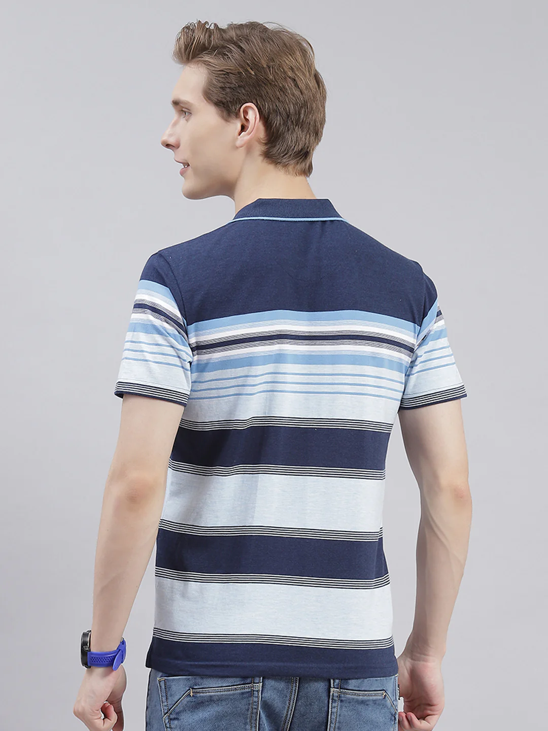 Men Navy Blue Stripe Collar Half Sleeve T-Shirts - Image 5