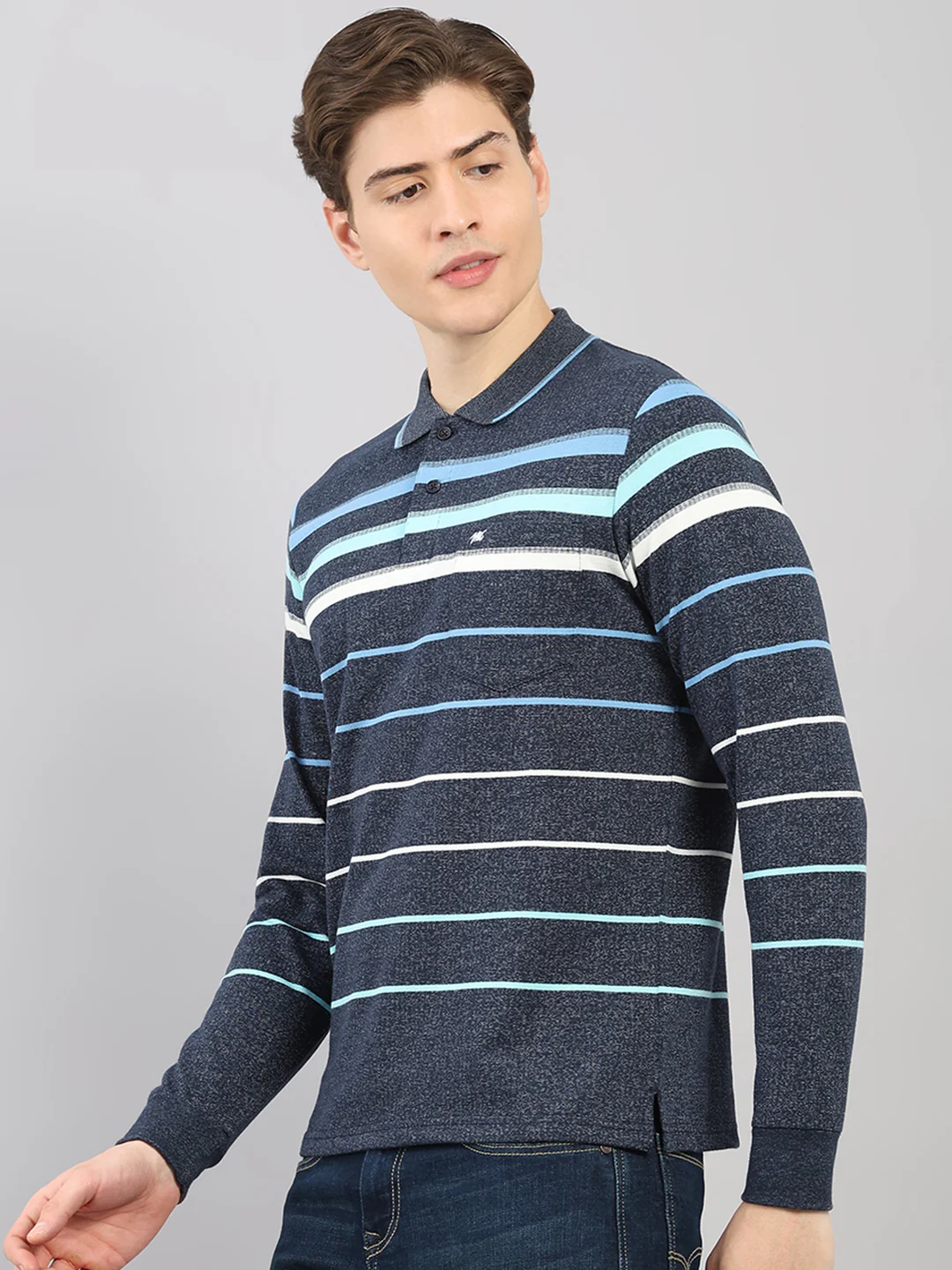 Men Navy Blue Stripe Polo Collar Full Sleeve Winter T-Shirt - Image 3
