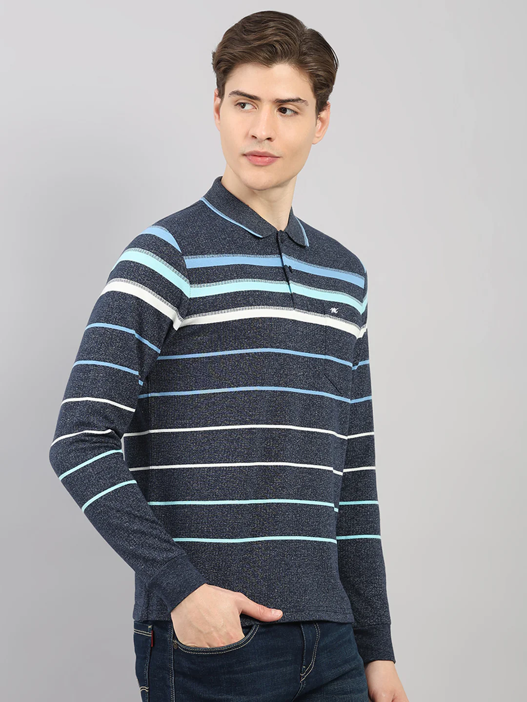 Men Navy Blue Stripe Polo Collar Full Sleeve Winter T-Shirt - Image 4