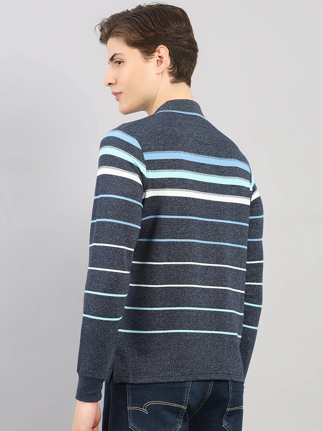 Men Navy Blue Stripe Polo Collar Full Sleeve Winter T-Shirt - Image 5