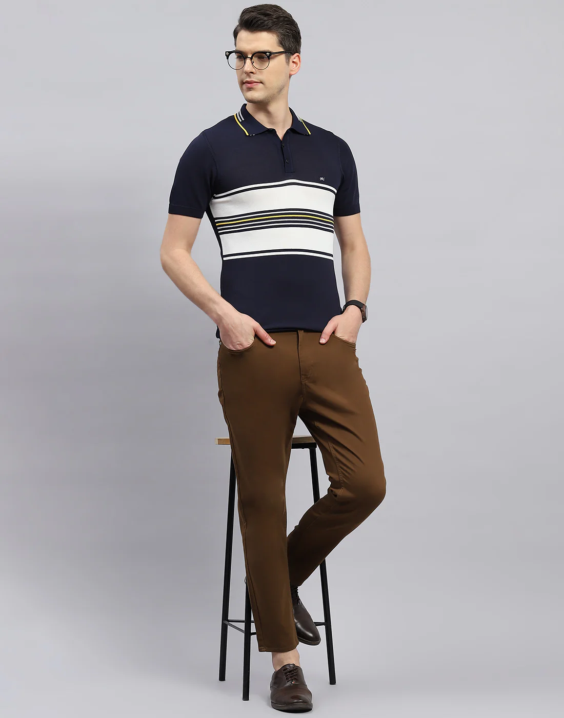 Men Navy Blue Stripe Polo Collar Half Sleeve T-Shirt - Image 2