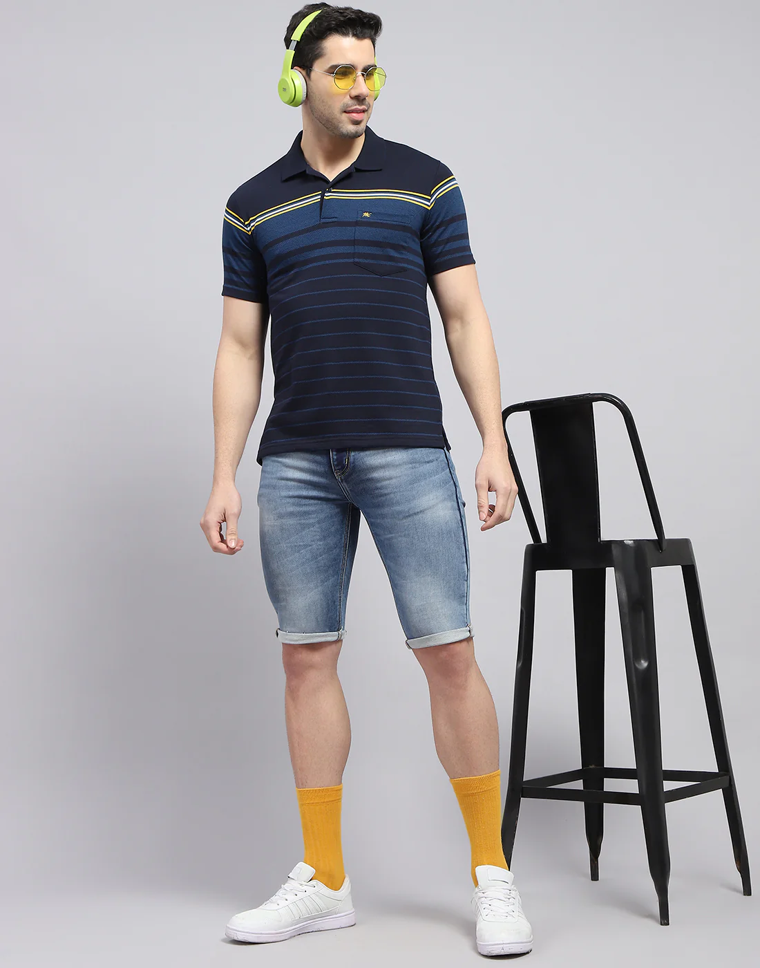 Men Navy Blue Stripe Polo Collar Half Sleeve T-Shirt - Image 2