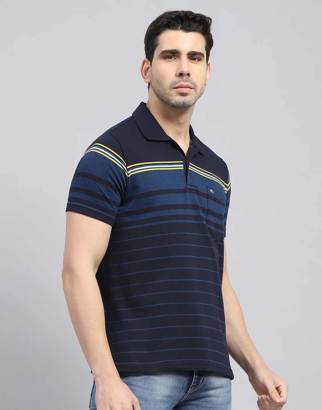 Men Navy Blue Stripe Polo Collar Half Sleeve T-Shirt - Image 4