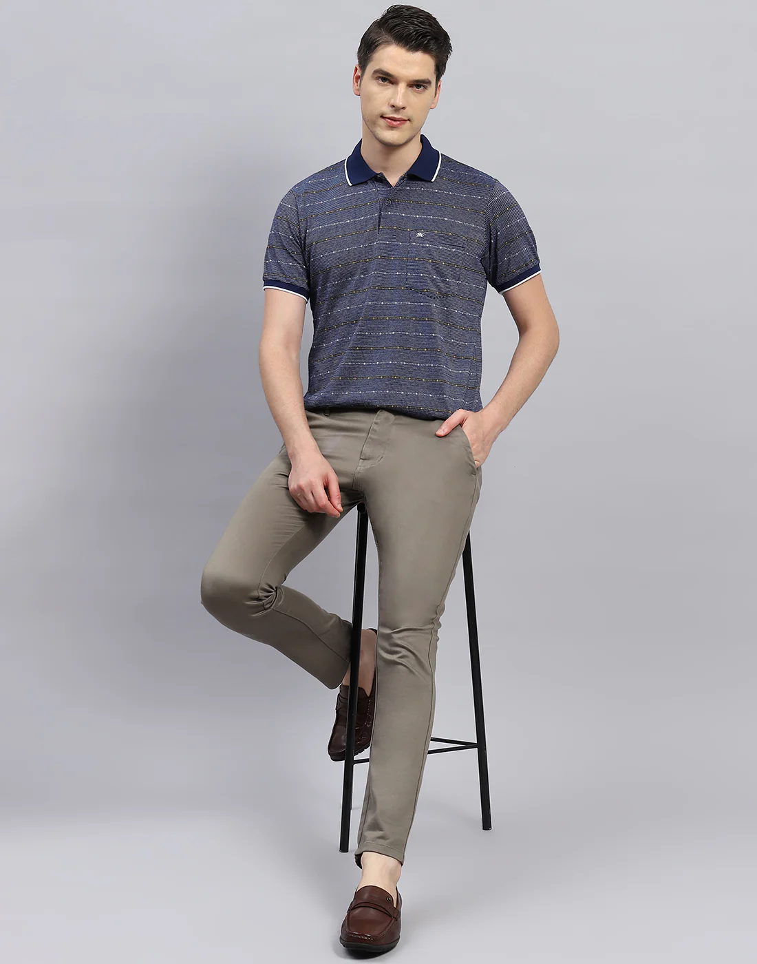 Men Navy Blue Stripe Polo Collar Half Sleeve T-Shirt - Image 2