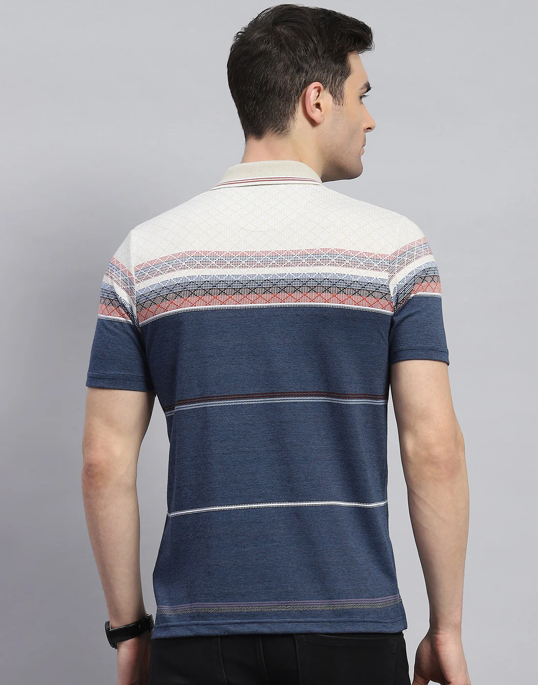 Men Navy Blue Stripe Polo Collar Half Sleeve T-Shirt - Image 5