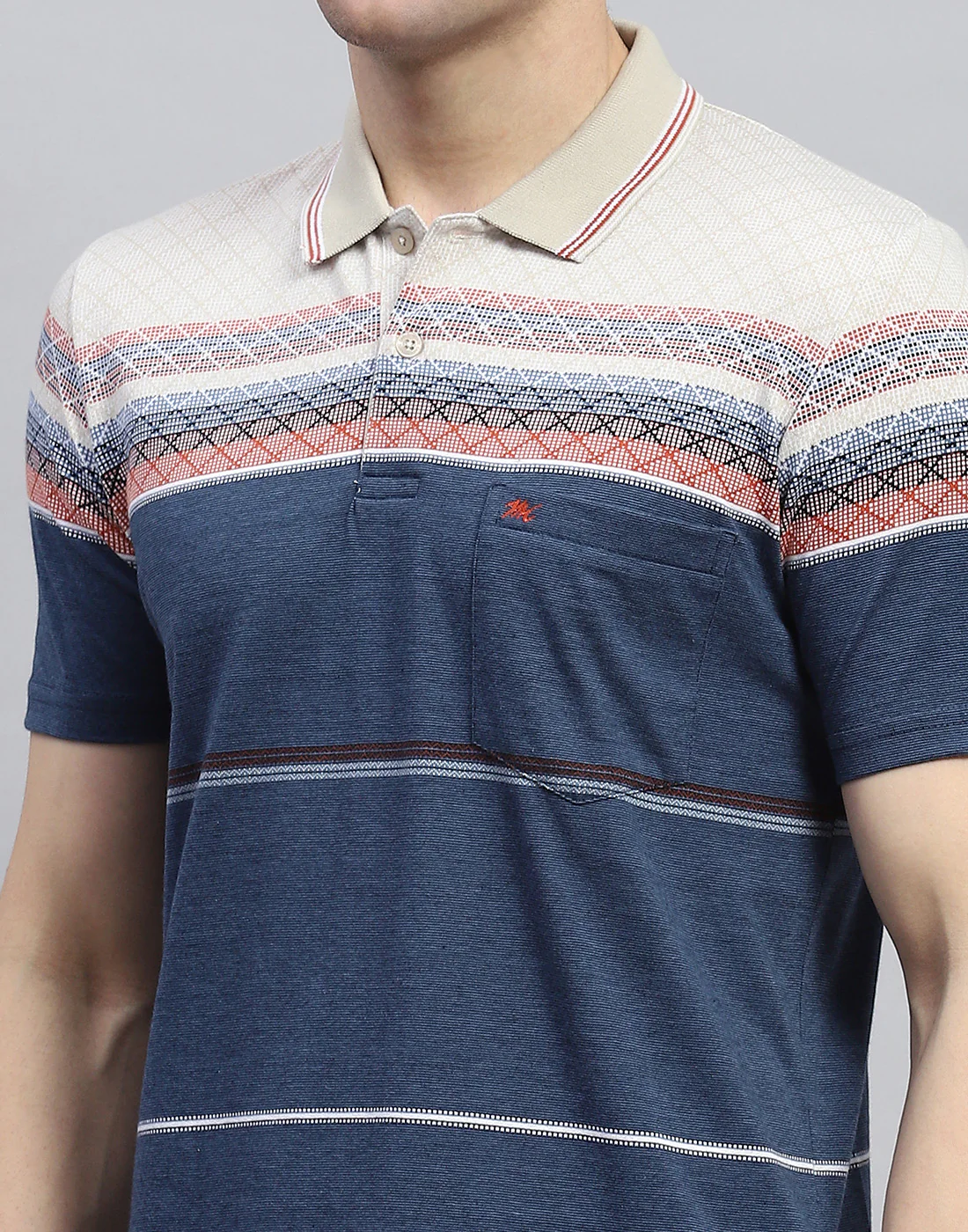 Men Navy Blue Stripe Polo Collar Half Sleeve T-Shirt - Image 6