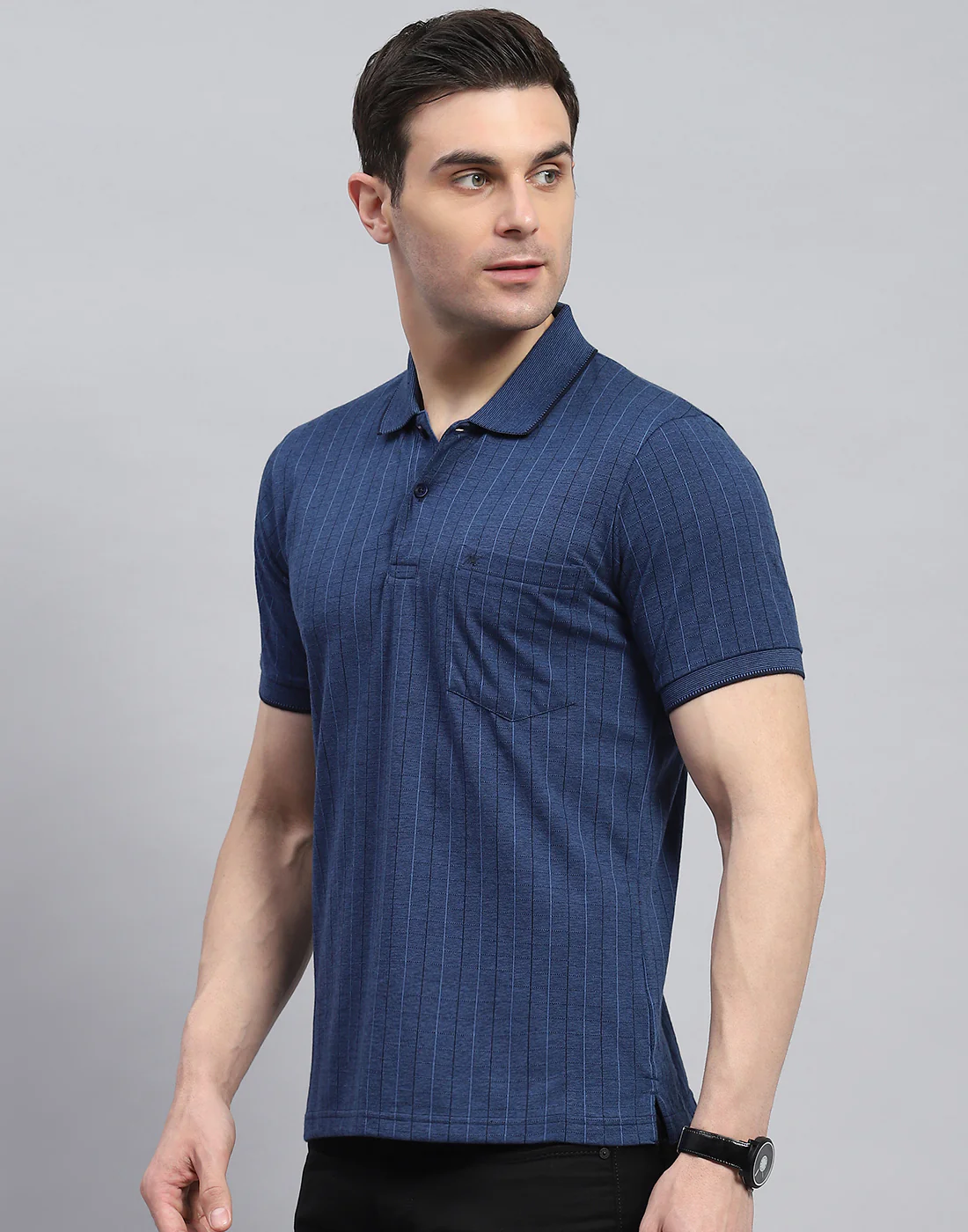 Men Navy Blue Stripe Polo Collar Half Sleeve T-Shirt - Image 3