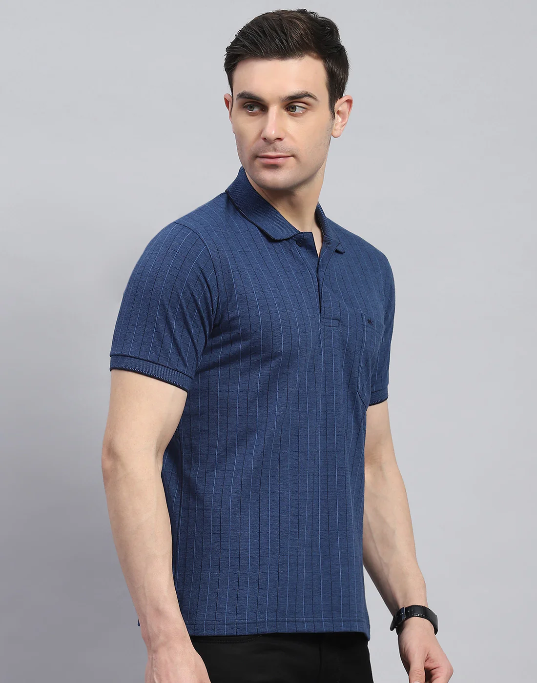 Men Navy Blue Stripe Polo Collar Half Sleeve T-Shirt - Image 4