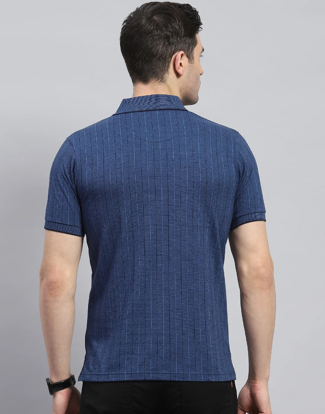 Men Navy Blue Stripe Polo Collar Half Sleeve T-Shirt - Image 5