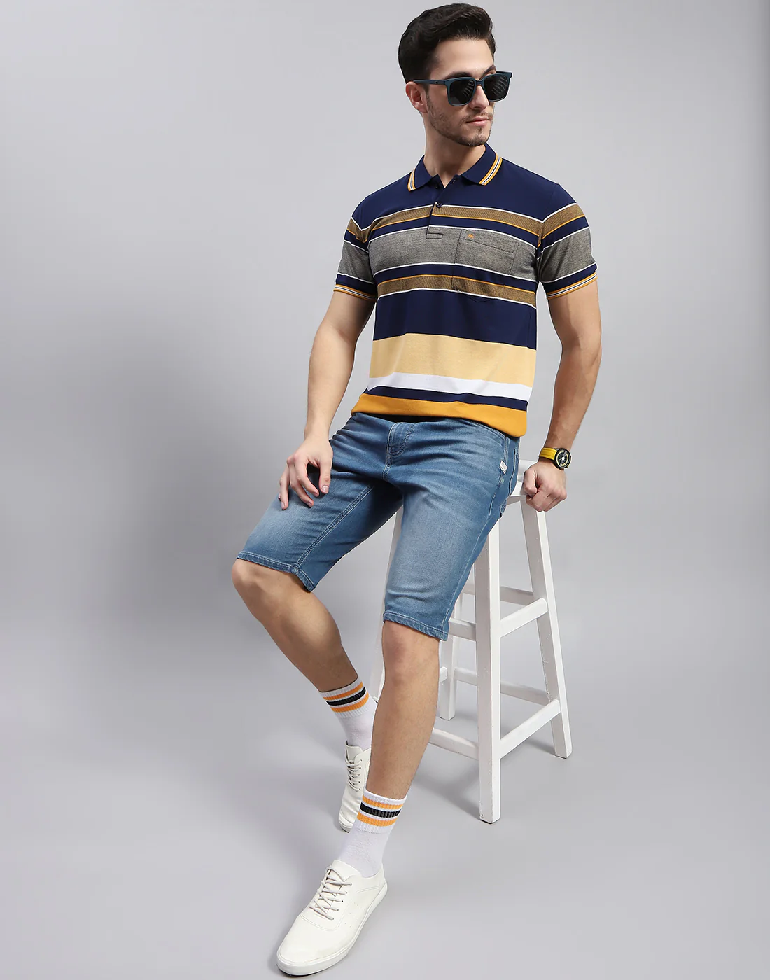 Men Navy Blue Stripe Polo Collar Half Sleeve T-Shirt - Image 2