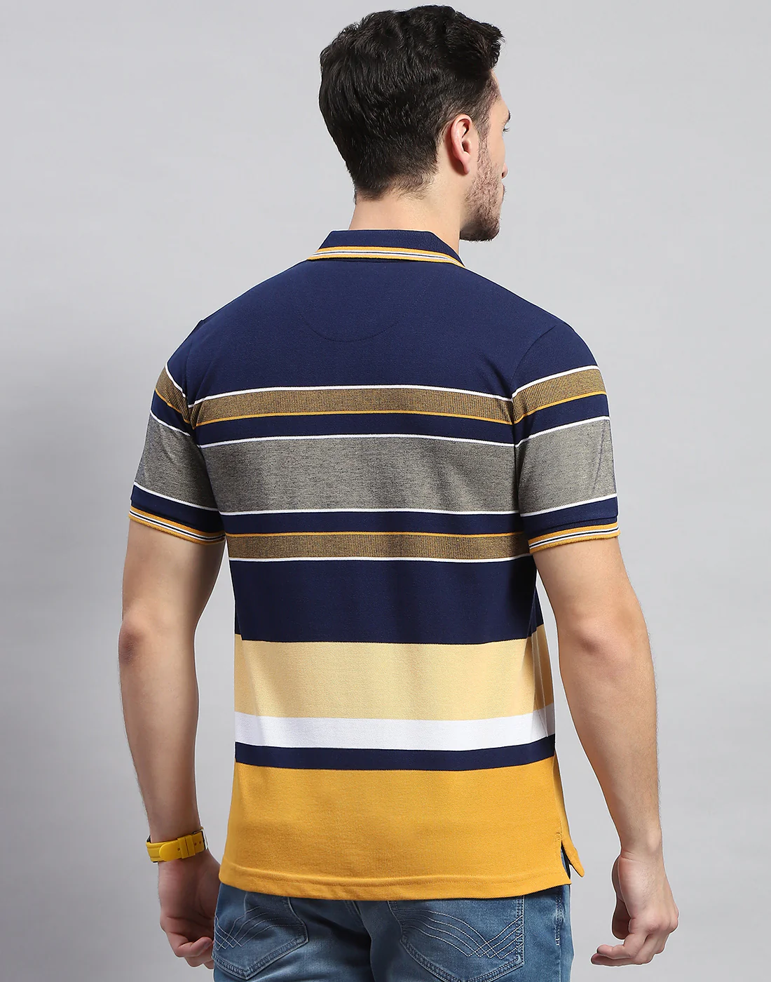 Men Navy Blue Stripe Polo Collar Half Sleeve T-Shirt - Image 6