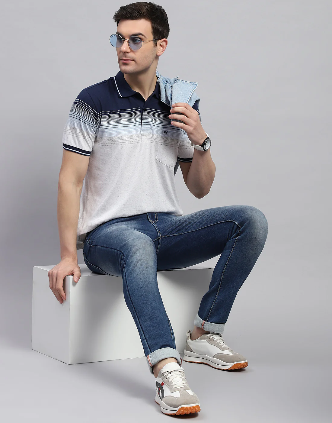 Men Navy Blue Stripe Polo Collar Half Sleeve T-Shirt - Image 2
