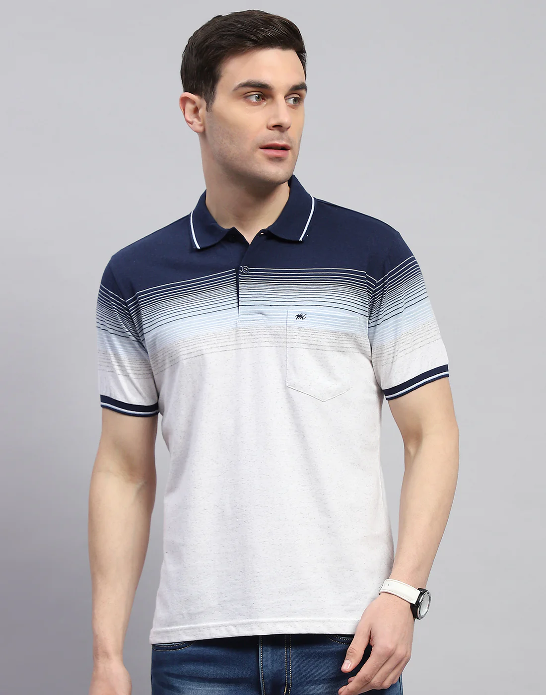 Men Navy Blue Stripe Polo Collar Half Sleeve T-Shirt - Image 3