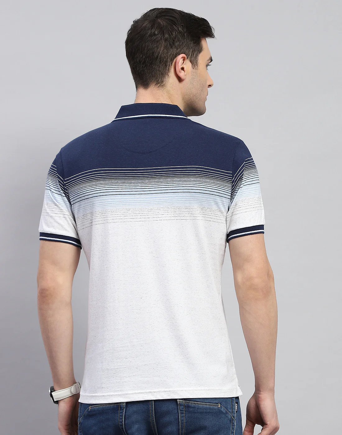 Men Navy Blue Stripe Polo Collar Half Sleeve T-Shirt - Image 6