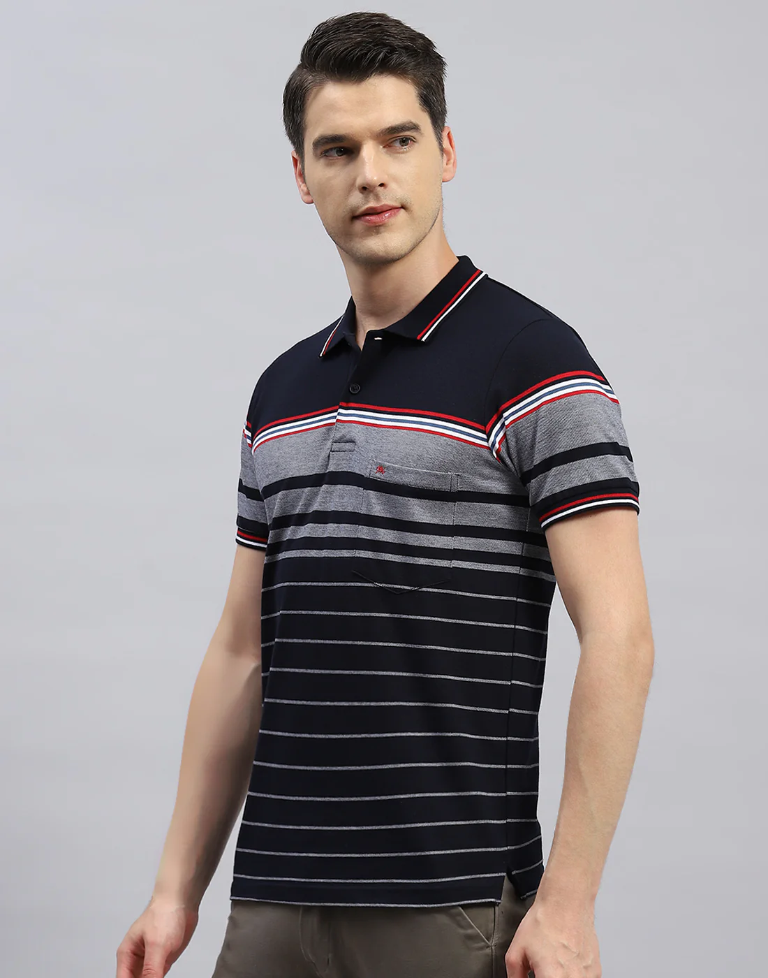Men Navy Blue Stripe Polo Collar Half Sleeve T-Shirt - Image 3