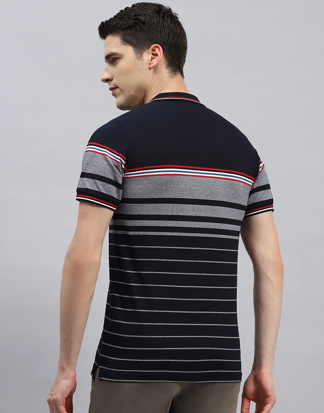 Men Navy Blue Stripe Polo Collar Half Sleeve T-Shirt - Image 5