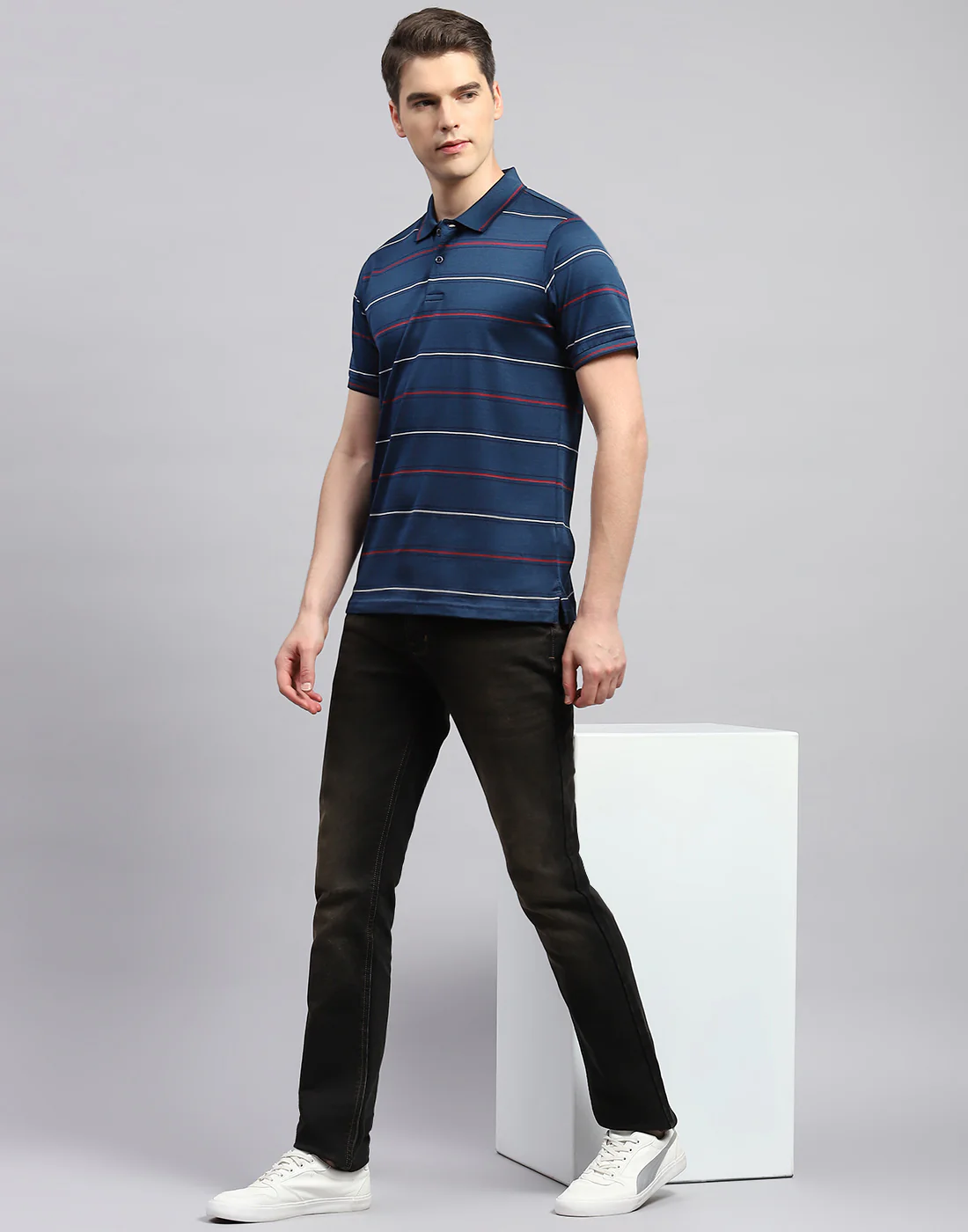 Men Navy Blue Stripe Polo Collar Half Sleeve T-Shirt - Image 2