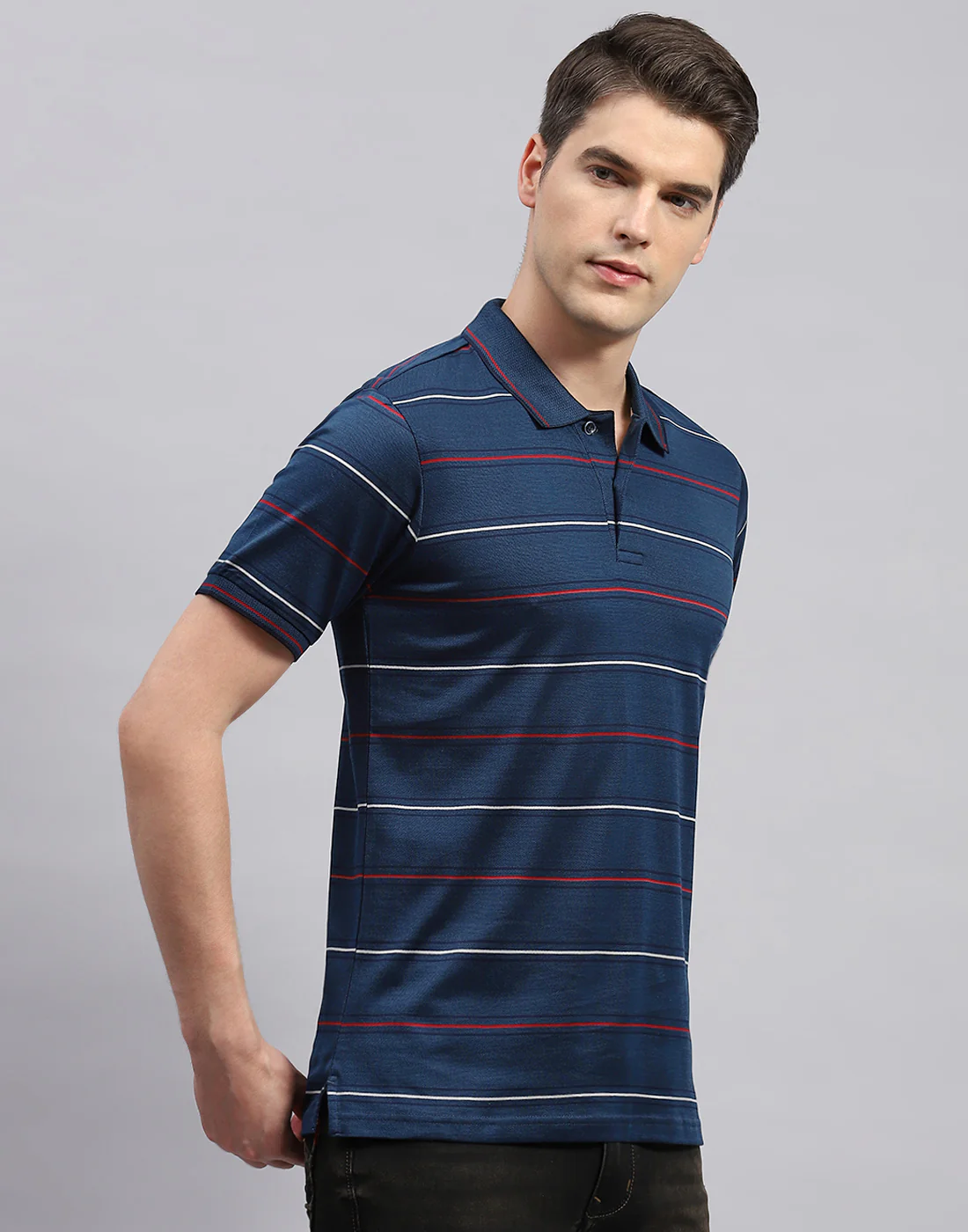 Men Navy Blue Stripe Polo Collar Half Sleeve T-Shirt - Image 4