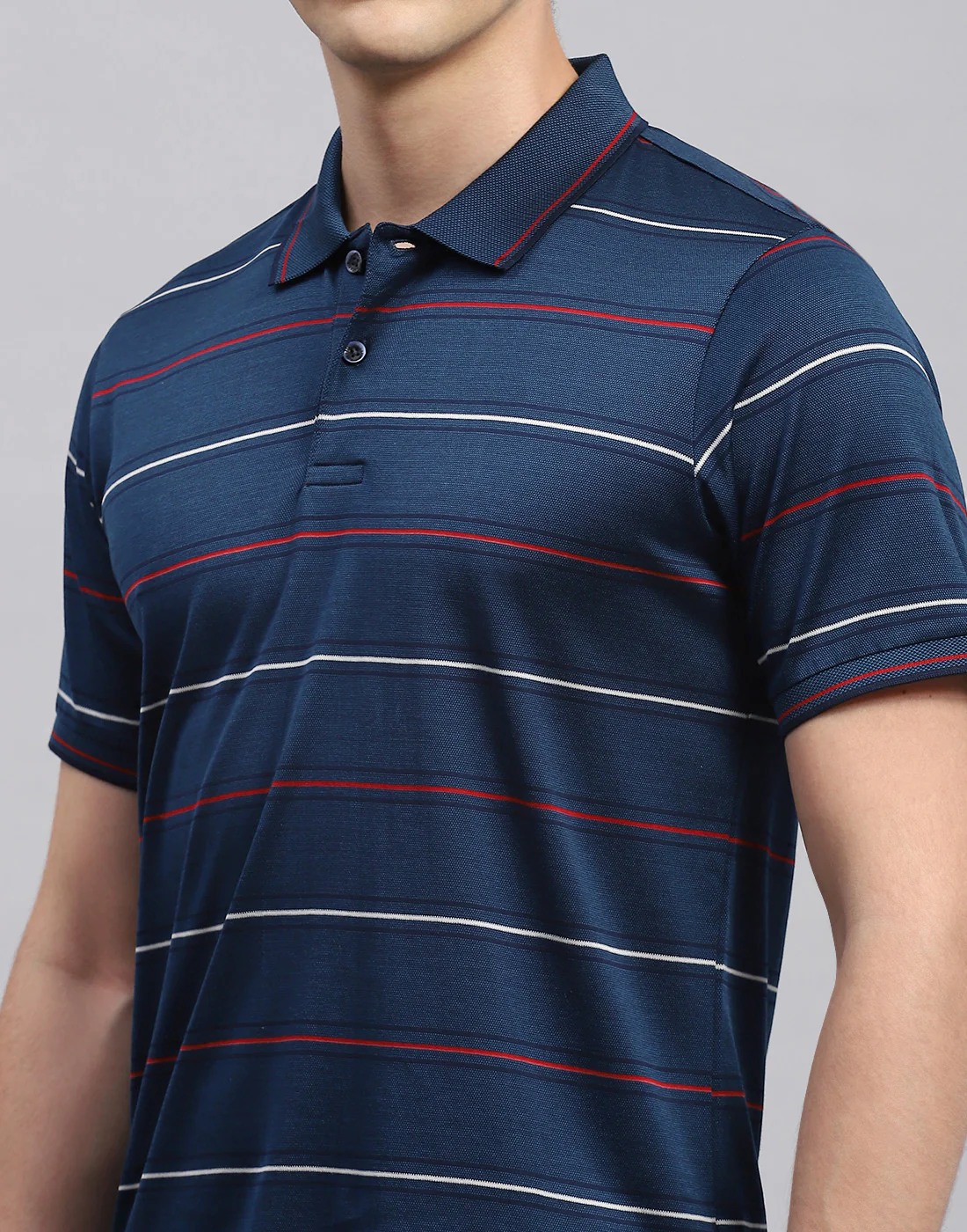 Men Navy Blue Stripe Polo Collar Half Sleeve T-Shirt - Image 6