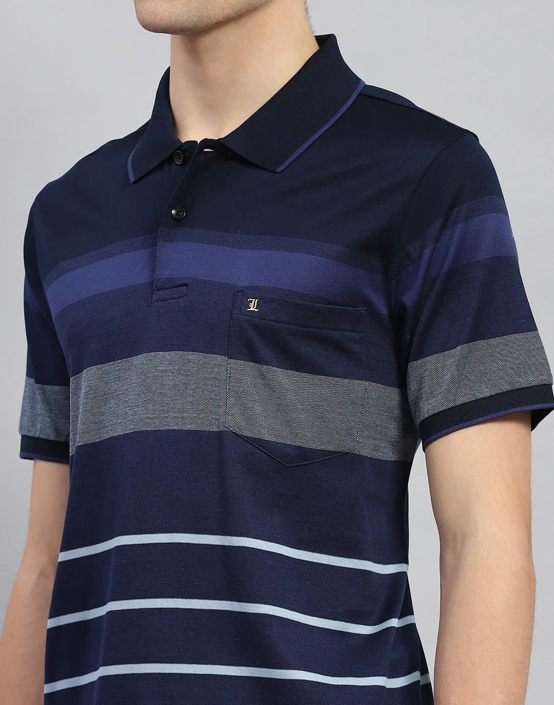 Men Navy Blue Stripe Polo Collar Half Sleeve T-Shirt - Image 7