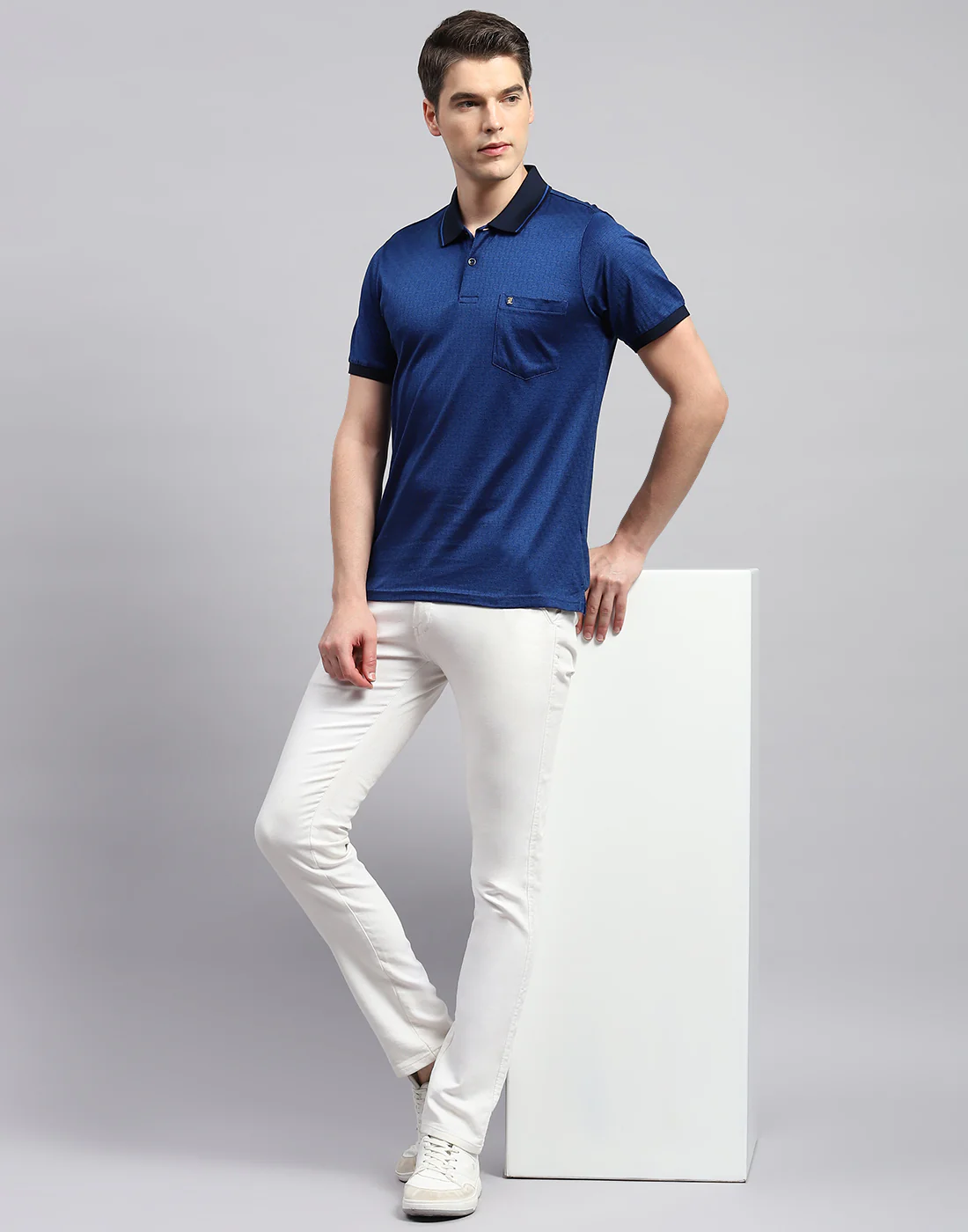 Men Navy Blue Stripe Polo Collar Half Sleeve T-Shirt - Image 2