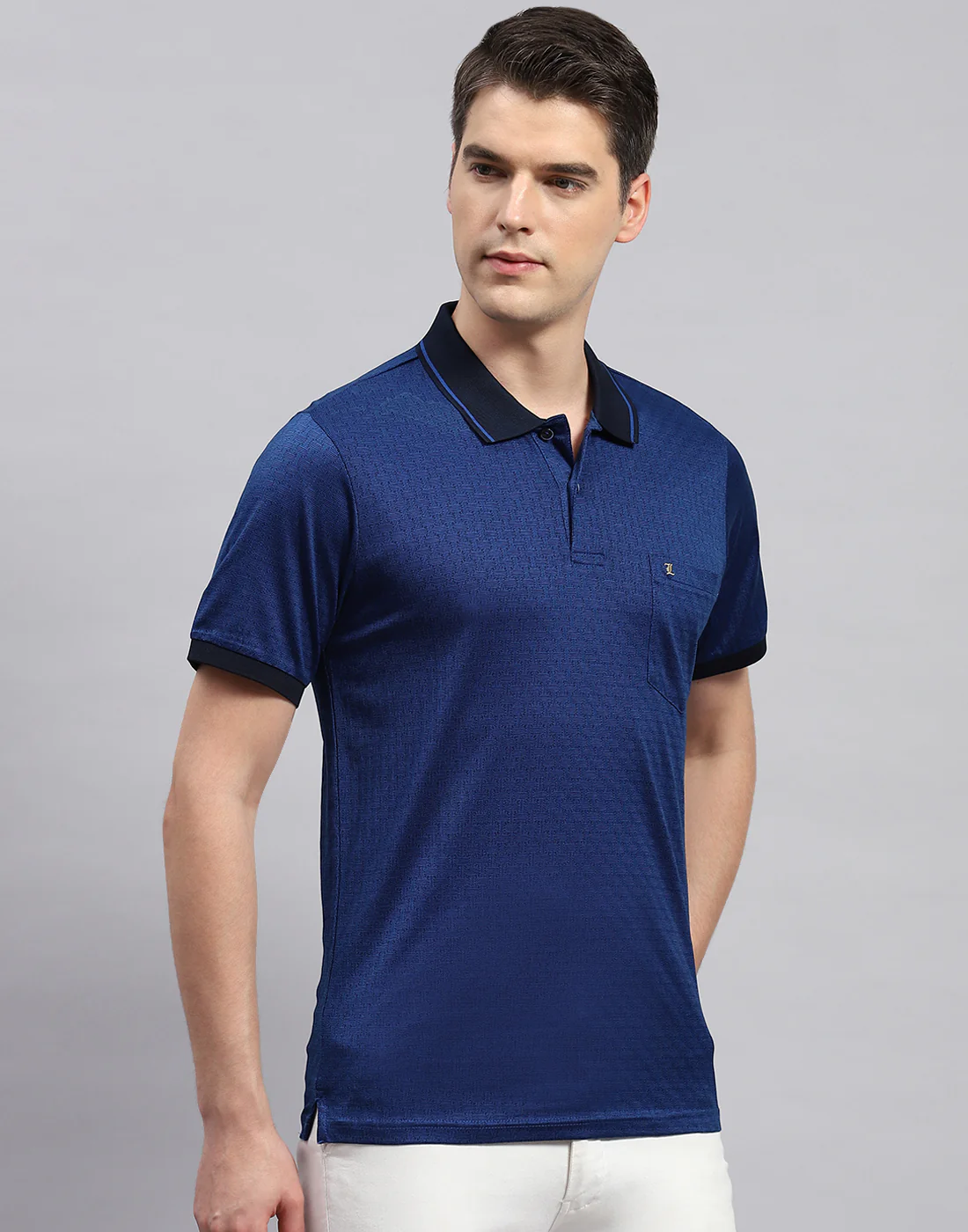 Men Navy Blue Stripe Polo Collar Half Sleeve T-Shirt - Image 4