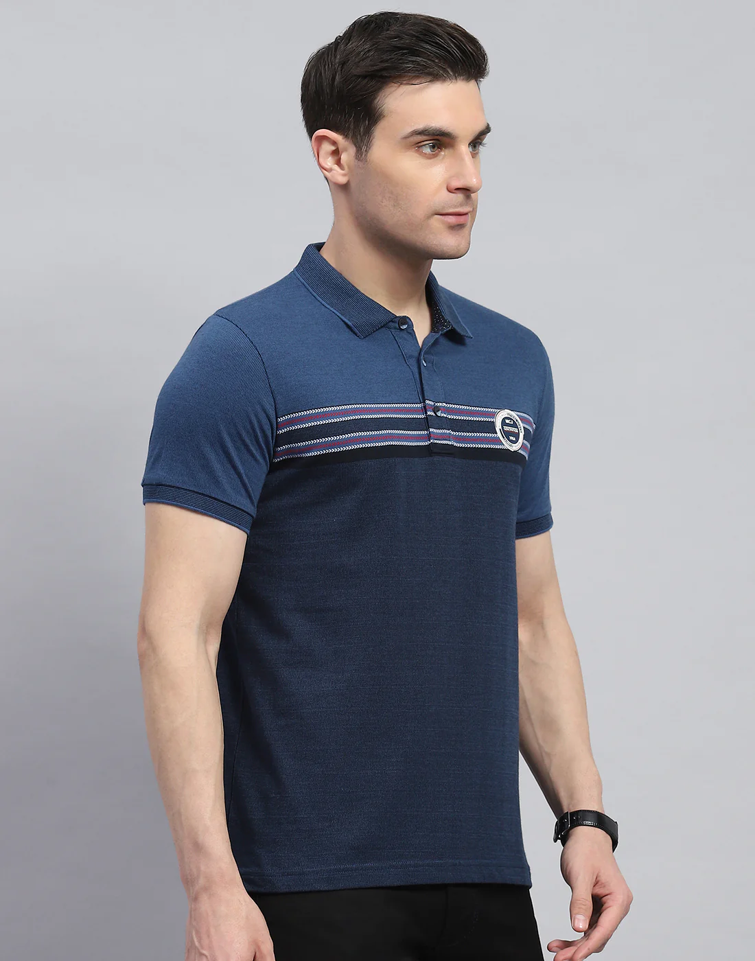 Men Navy Blue Stripe Polo Collar Half Sleeve T-Shirt - Image 4